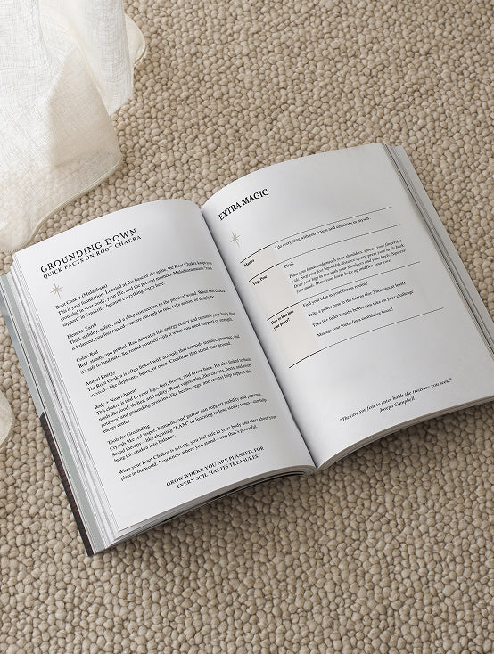Open workbook with grounding practices and root chakra guidance, offering actionable steps to healing and energetic alignment