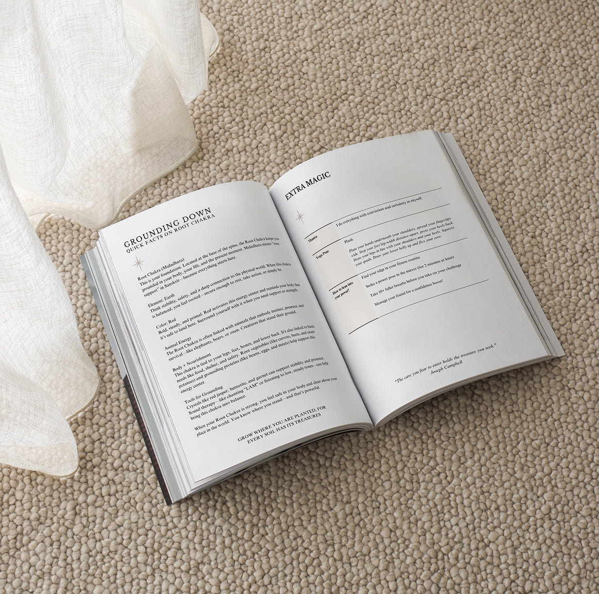 Open workbook with grounding practices and root chakra guidance, offering actionable steps to healing and energetic alignment.