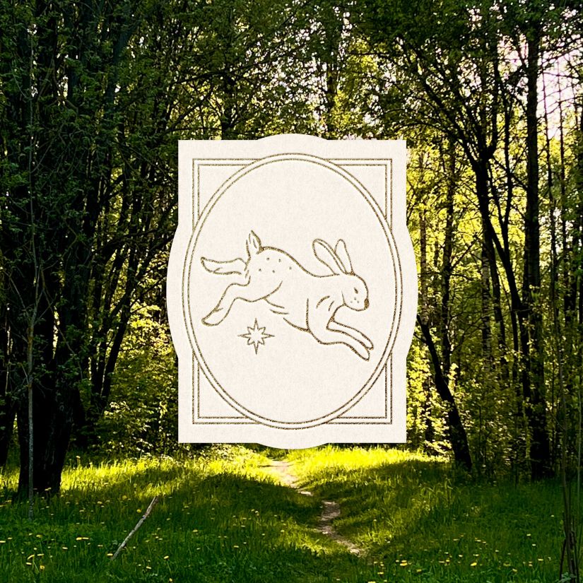 whimsical rabbit emblem over a green forest background, representing 'Below' category of intentional living resources to reconnect with the natural world