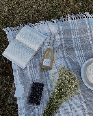 Open book, wine bottle, fresh berries, and wildflowers on a checkered blanket with grass background, for 'Create Your Own Mantra Board' 
